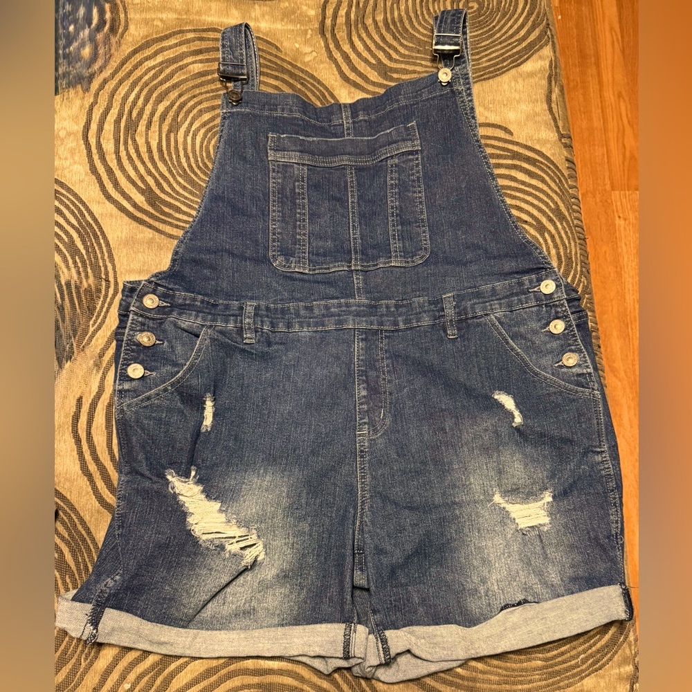 Ladies Plus Size Denim Overall Shorts with Distressed Details